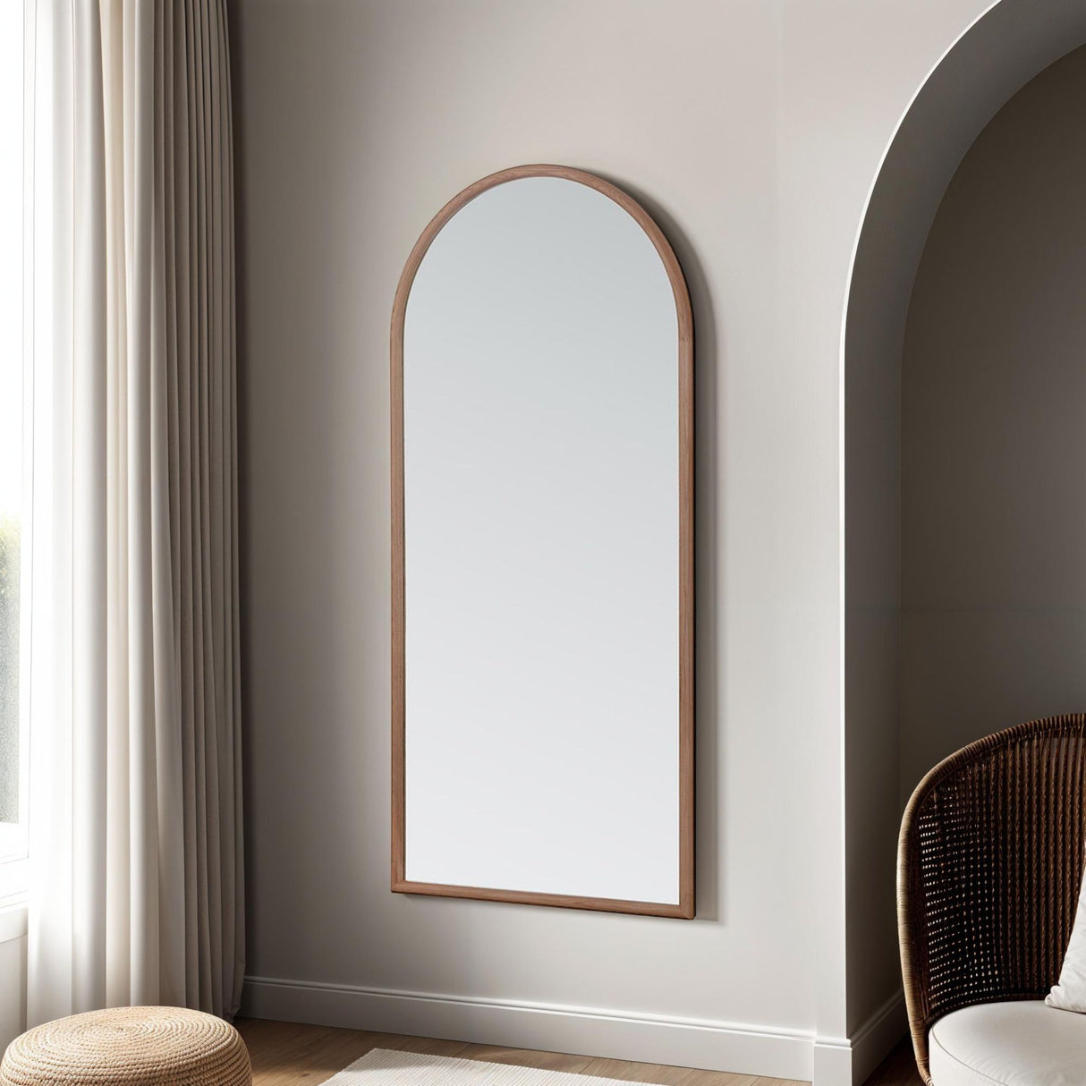 Large arched oak framed mirror