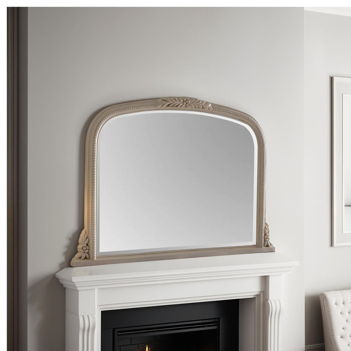 Ivory arched overmantle mirror bevelled