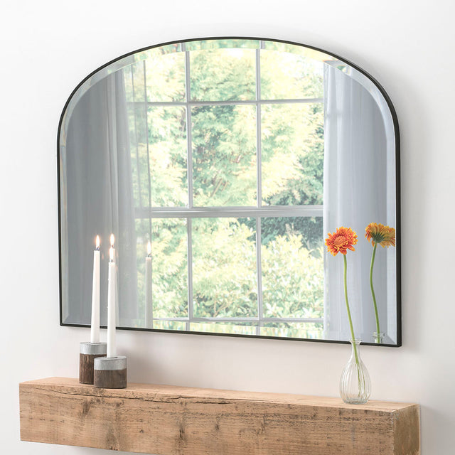 image of minimal edge arched overmantle black mirror