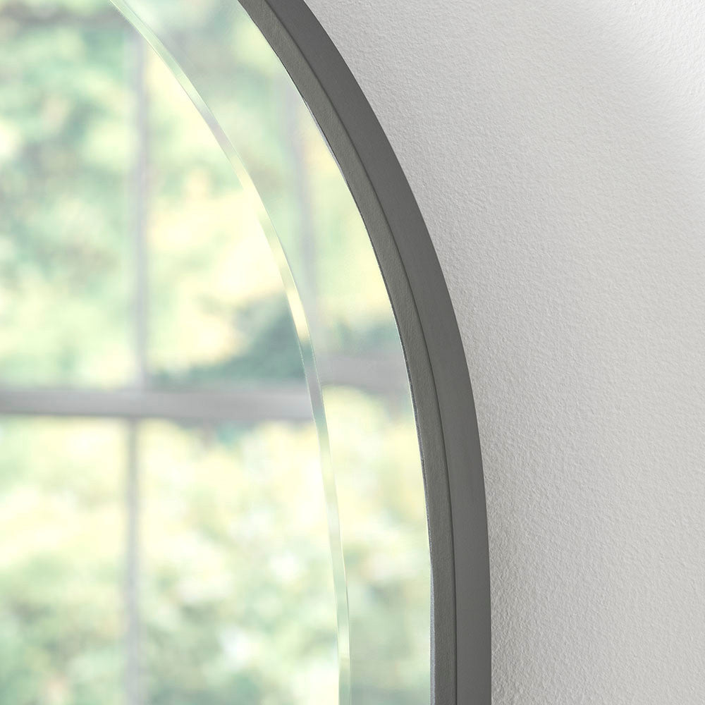 Image of minimal grey edge arched overmantle mirror