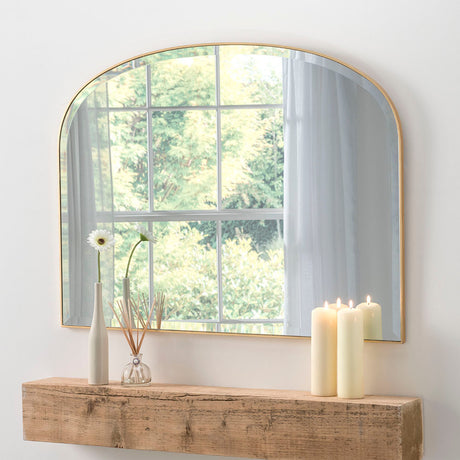 Image of minimal edge  gold Overmantle arch mirror