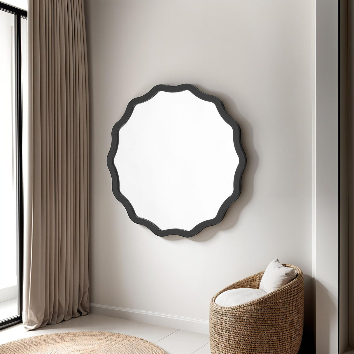 Scalloped Edge Black Round Mirror