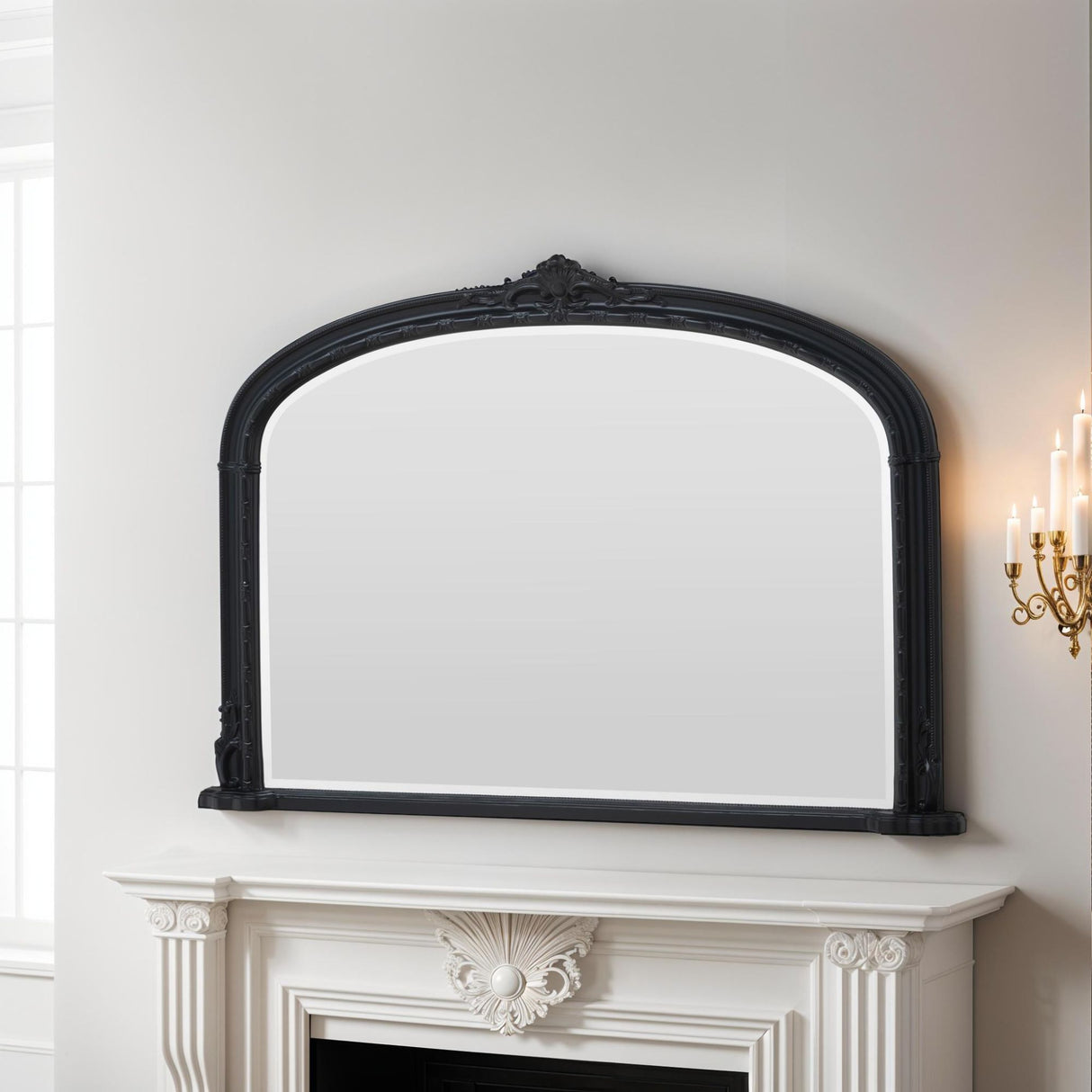 Victorian Overmantle Arched Bevelled Mirror Black