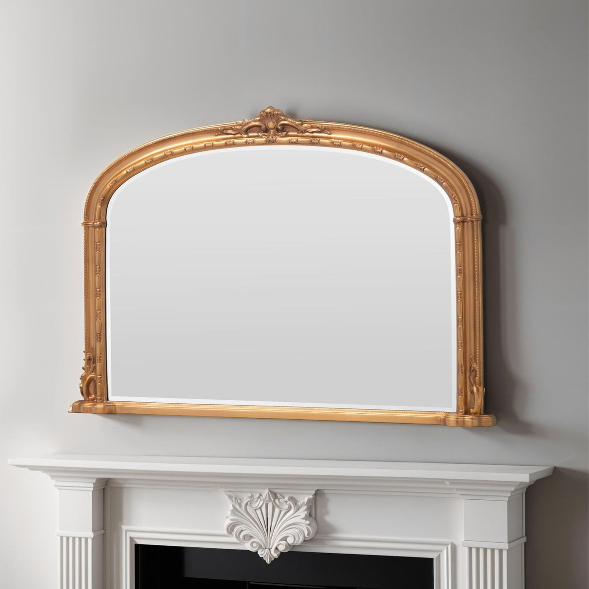 Victorian Overmantle Arched Bevelled Mirror Gold