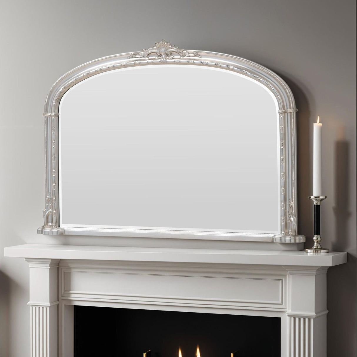 Silver arched decorative overmantle mirror bevelled