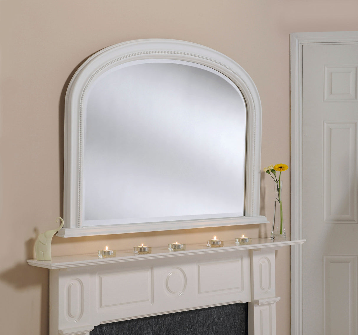 Arched white overmantle mirror