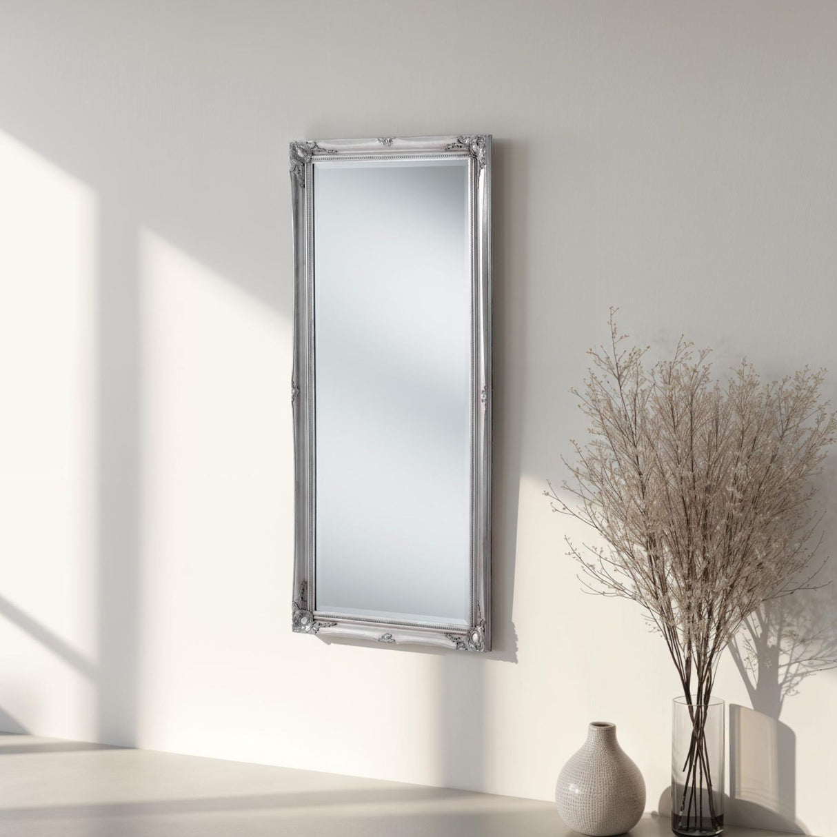 French style carved full length mirror in silver